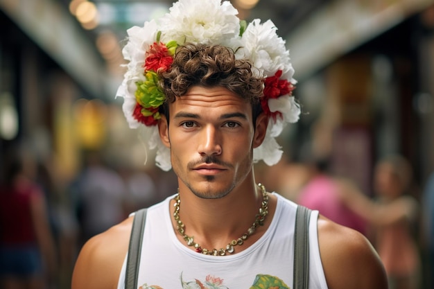 Foto blossoming style der einzigartige kontrast zwischen einem mann in einem weißen tanktop und einer blumigen kopfbedeckung