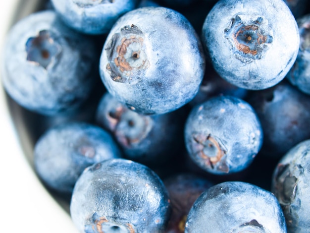 Bluberries frescas do mercado local em fundo branco. O mirtilo contém antocianinas e vários fitoquímicos, que possivelmente têm um papel na redução dos riscos de algumas doenças.