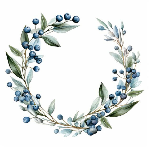 Blue Berry Wreath Aquarela Clipart Gráfico em fundo branco