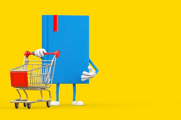 Blue Book Character Maskottchen mit Einkaufswagen Trolley auf gelbem Grund. 3D-Rendering