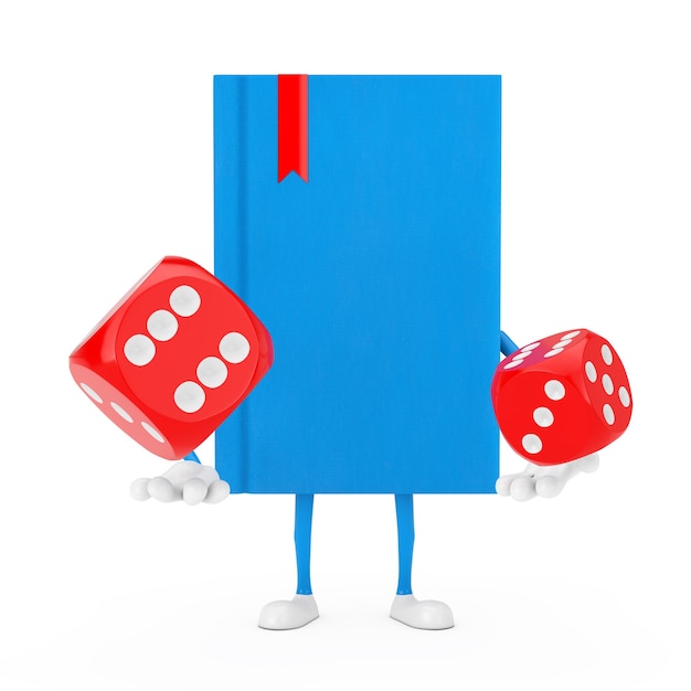 Blue Book Character Maskottchen mit roten Spielwürfeln im Flug auf weißem Hintergrund. 3D-Rendering