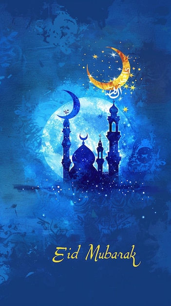 Blue Eid Mubarak Saludo de texto para el día de Eid