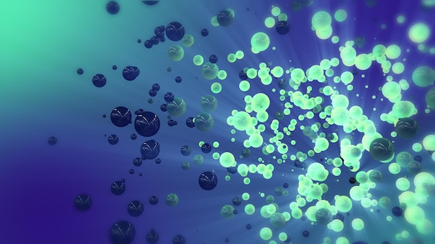 Blue amp Green abstrakte 3D-Darstellung von chaotischen Kugeln und fliegenden Kugelpartikeln im leeren Raum