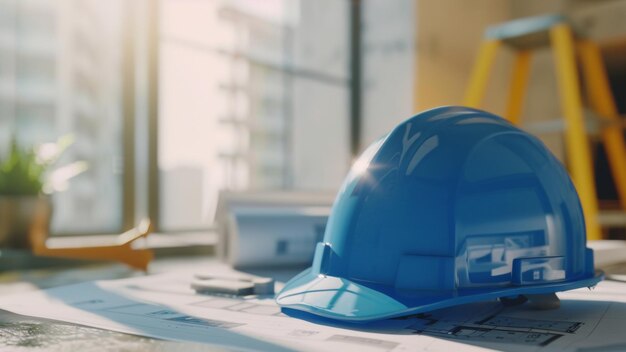 Blue hard hat em planos arquitetônicos conceito de planejamento de construção