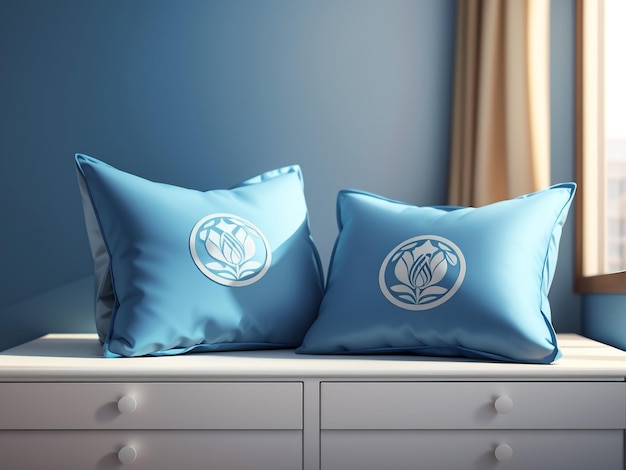 Blue Haven Closeup de duas almofadas azuis descansando em uma cômoda