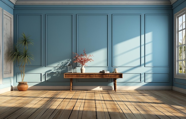 Blue Horizon Ein leerer Raum mit einer leuchtend blauen Wand und Sonnenreflexion