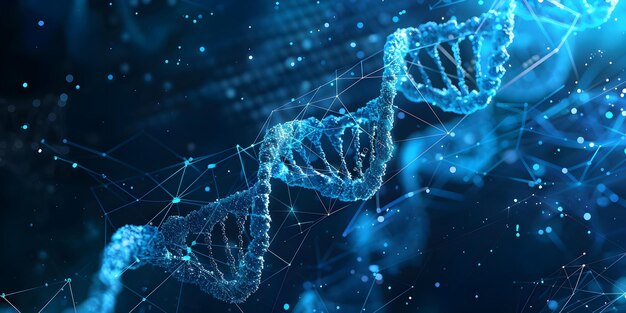 Foto blue intertwined dna strands on futuristic abstract background symbolism of biotechnology and research concept dna strands biotechnology research abstract background symbolism (simbolismo de fondo de la biotecnología y la investigación)