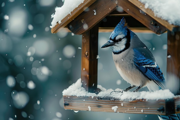 Blue jay em alimentador de neve em cena de inverno