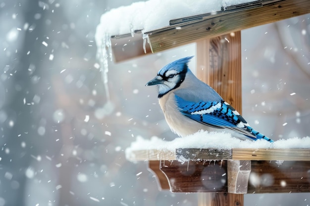 Blue jay em alimentador de neve em cena de inverno