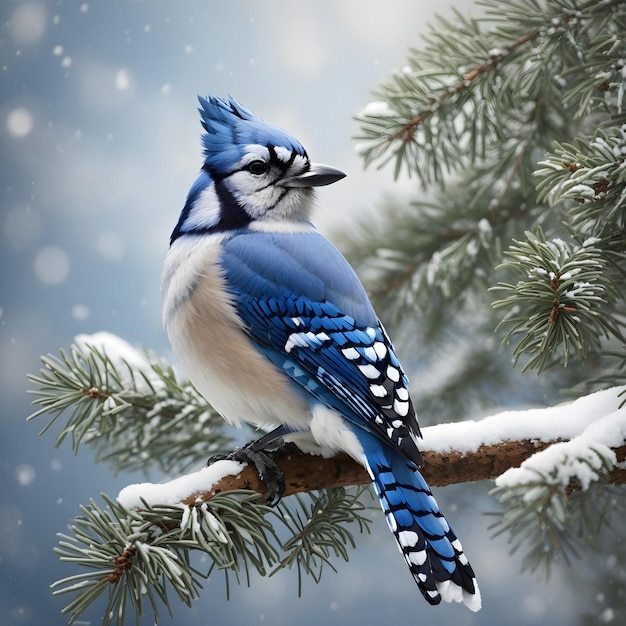 Blue Jay em Snowy Pine Branch