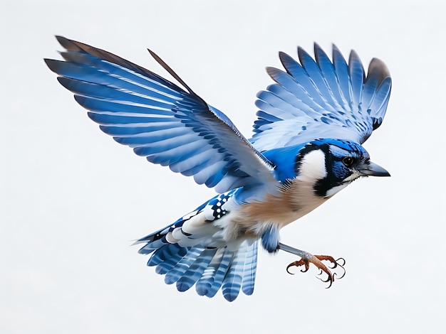 Blue Jay volando sobre fondo blanco generado por ai