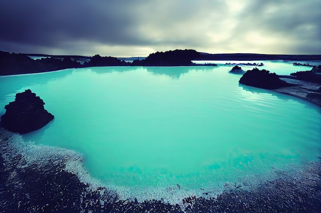 Blue Lagoon Islandia pintura de arte digital horizonte de vista lateral horizontal