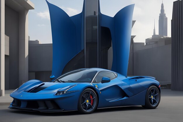 Blue Matte Ferrari LaFerrari Supercar na frente do moderno gerador arquitetônico por IA