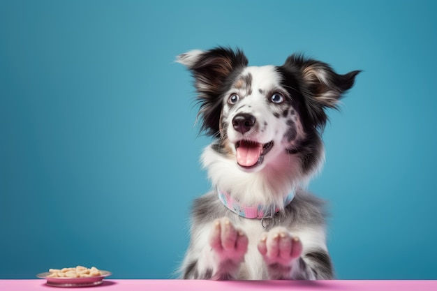 Blue Merle Border Collie wird von seinem Besitzer mit Belohnungen in einer isolierten Umgebung trainiert