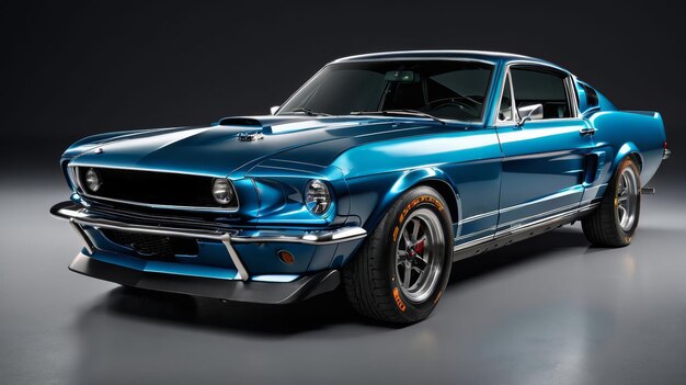 Foto blue mustang muscle car em um quarto escuro