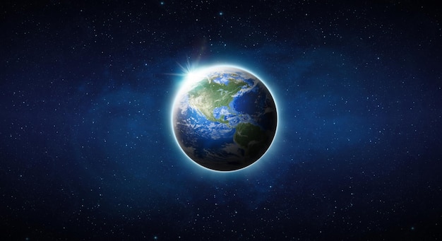 Blue Planet Earth-Ansicht aus dem Weltraum zeigen Tag der Erde, Nord-Südamerika, USA, Erde im Weltraum. Welt global im Universum, Sternfeld mit Textraum. 3D render Element des von der NASA bereitgestellten Bildes.