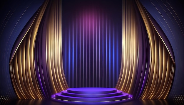 Blue Purple Golden Curtain Stage Award Background Trophy on Red Carpet Luxury Background Generative ai