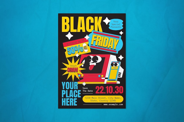 Blue Retro Cartoon Black Friday Flyer de Mídia Social
