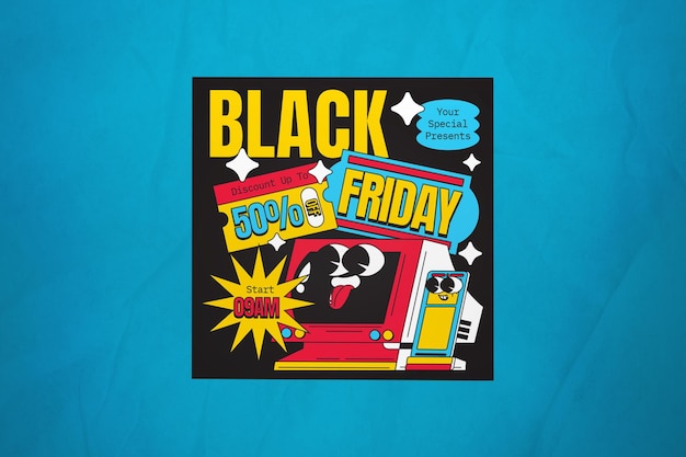 Blue Retro Cartoon Black Friday-Post in den sozialen Medien