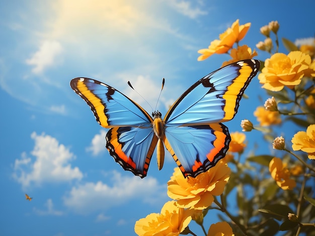 Blue Sky hermosa mariposa azul amarillo naranja en vuelo Generado por IA