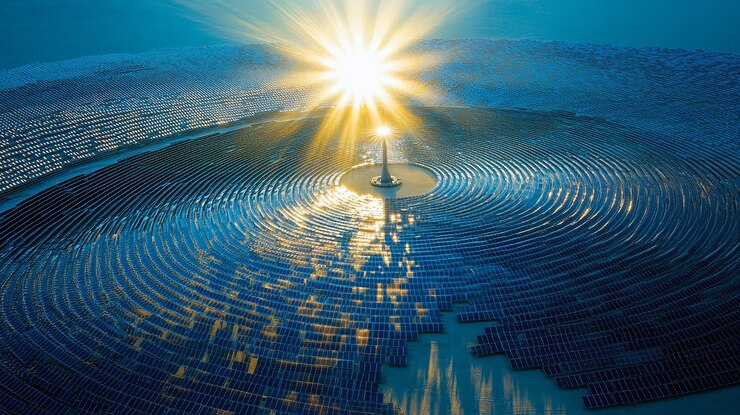 Foto blue skya es una granja solar masiva ubicada en el desierto. la granja consta de miles de paneles solares.