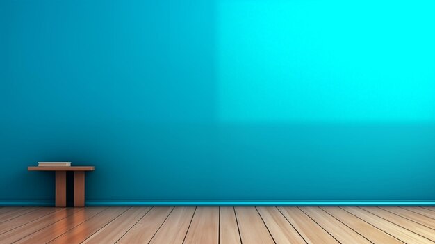 Blue turquesa pared vacía y suelo de madera con interesante con resplandor de la ventana Interior