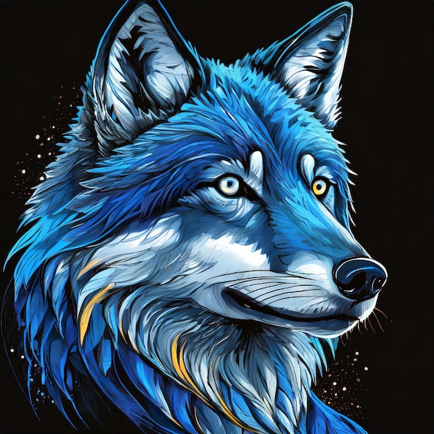 Blue Wolf Handgezeichnete Illustration mit schwarzem Hintergrund