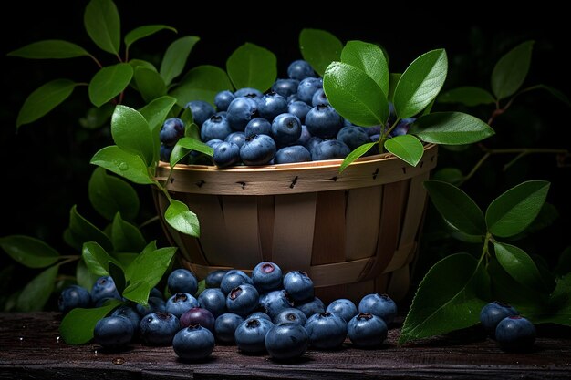 Blueberries en un bushel con hojas