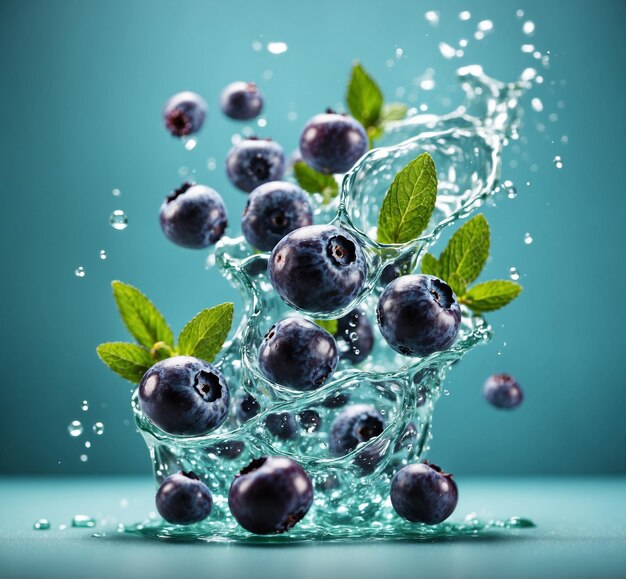 Blueberries frescos en agua con salpicaduras y hojas de menta sobre fondo azul