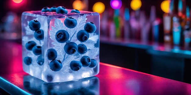 Blueberries frescos con menta en cubos de hielo en el mostrador del bar con fondo de club nocturno