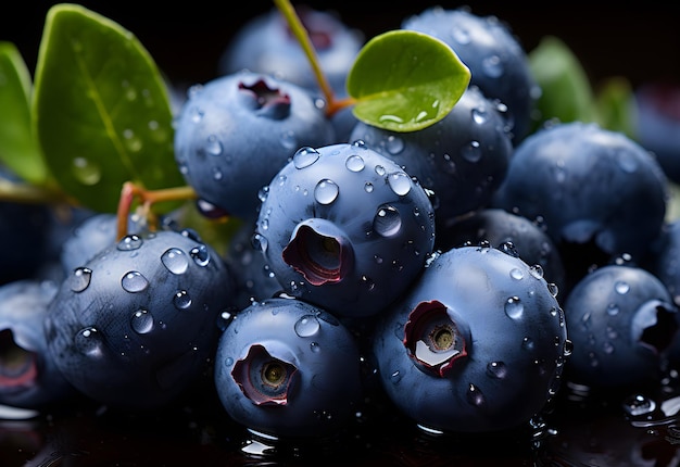 Blueberries con gotas de agua en un fondo negro Profundidad de campo poco profunda