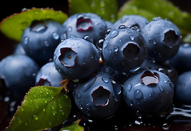 Blueberries con gotas de agua en un fondo negro Profundidad de campo poco profunda