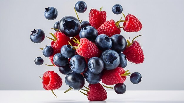 Foto blueberries voladores chokeberry y frambuesa aislados sobre un fondo blanco con una vía de recorte