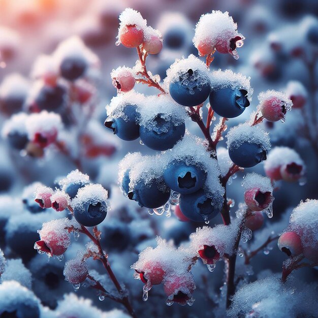 Foto blueberry de primer plano bayas cubiertas de hielo cosecha tardía amenaza de mala cosecha