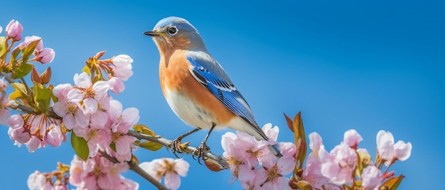 Bluebird encaramado en una planta con flores british columb