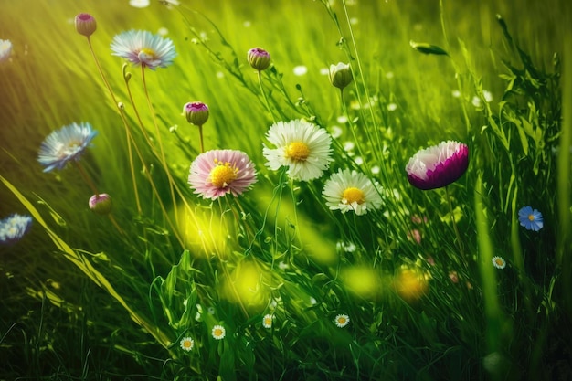 Blühende Blumen im hellgrünen Gras der Blumenwiese im Frühjahr, erstellt mit generativer ai