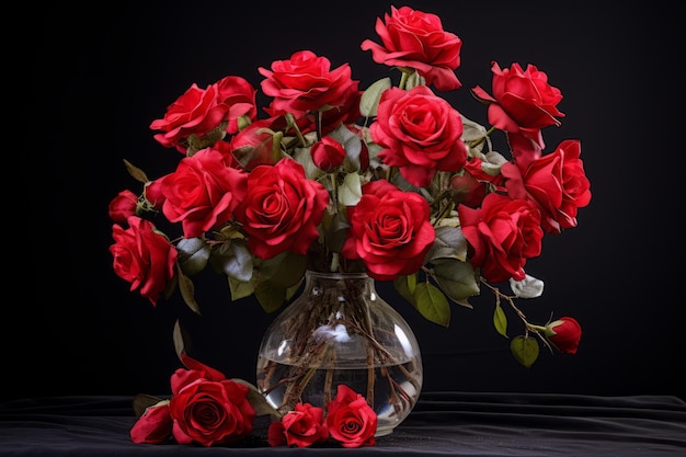 Blühende elegante rote Rosen in einer 32-Glasvase