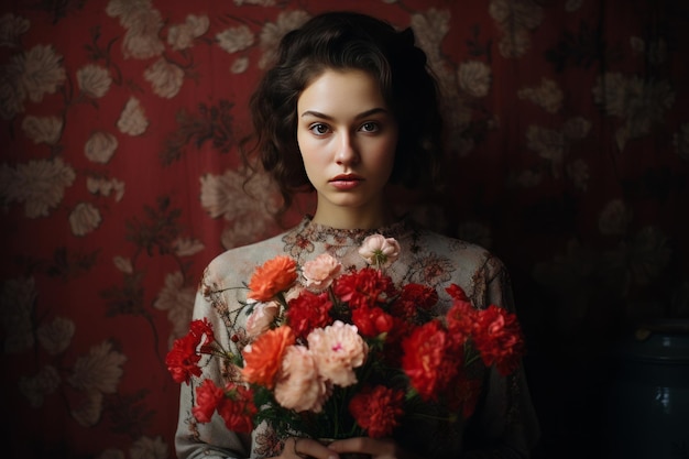 Blühende Eleganz Ein fesselndes Porträt einer Frau mit einem lebendigen Bouquet
