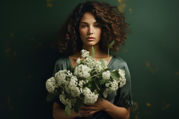 Foto blühende eleganz eine frau, die die natur in einem grünen top und schwarzen leggings mit weißen blumen umarmt