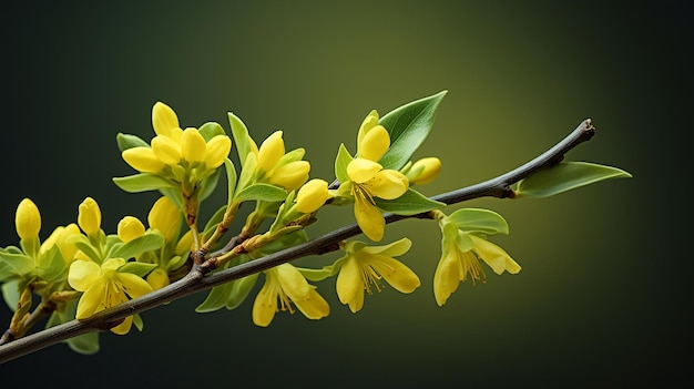 Blühende Forsythie mit grünen Blättern