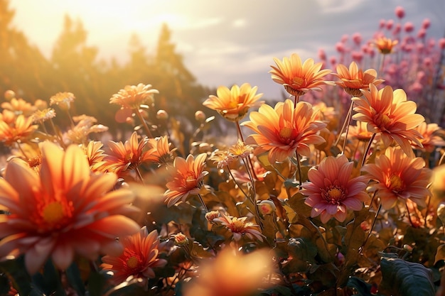 Blühende gelb-rosa und orangefarbene Kosmosblumen im Feld mit Sonnenschein