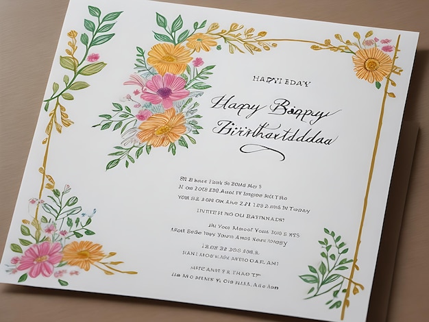Blühende handgezeichnete Einladungskarte zur Geburtstagsfeier mit fröhlichen Blumen