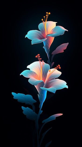 Blühende hellblaue Blumen auf dunklem Hintergrund im Stil leuchtender Lichtlandschaften