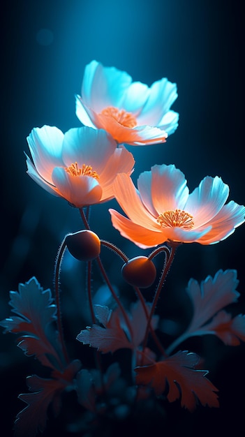 Blühende hellblaue Blumen auf dunklem Hintergrund im Stil leuchtender Lichtlandschaften