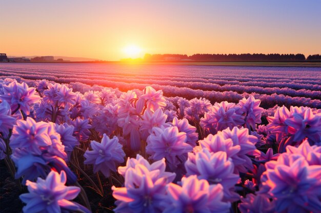 Blühende Hyazinthen inmitten einer atemberaubenden, traumhaften Schönheit des Sonnenuntergangs