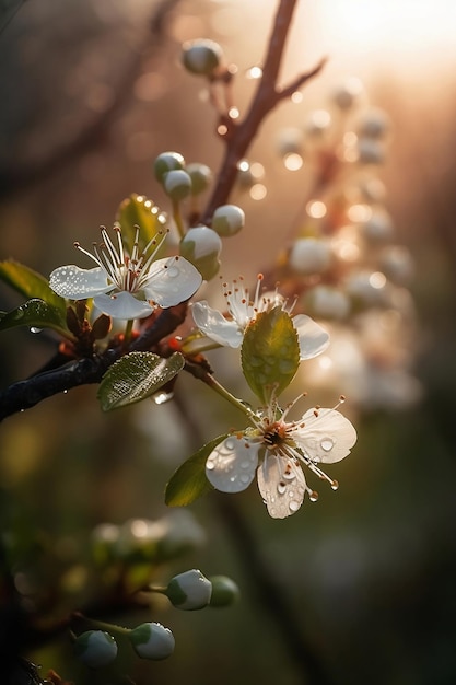 Blühende Kirschbaumblumen in Sonnenstrahlen hautnah