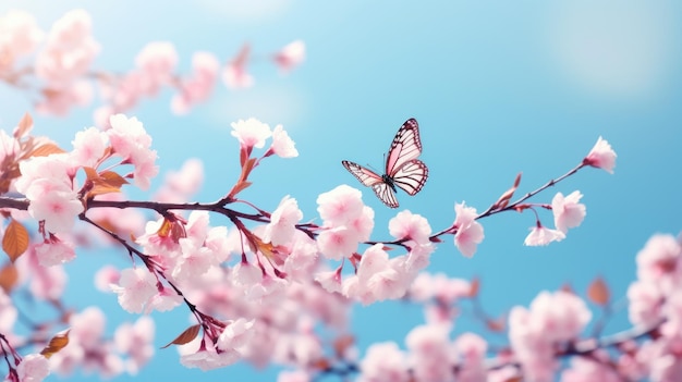 Blühende Kirschzweige vor dem Hintergrund eines blauen Himmels und Schmetterlinge in der Natur im Freien