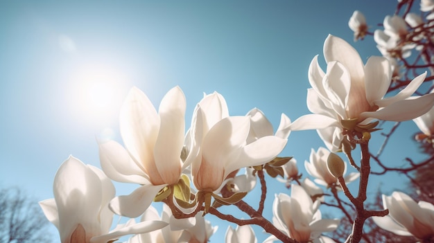 Blühende Magnolie auf dem Hintergrund des blauen Himmels mit der Sonne