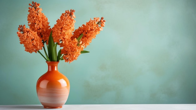 Foto blühende orangefarbene hyacinthen in einer vase stehen auf dem leeren hintergrund in einem charmanten vintage