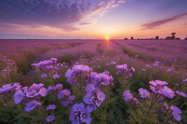 Blühende Phacelia Blüten lila Feld unter den roten Farben der Sommer Sonnenuntergang Landwirtschaft Farm Naturlandschaft